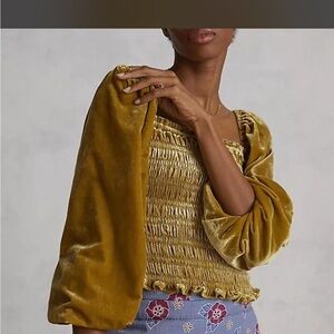 Anthropologie Gold Velvet Smocked Puff Sleeve Blouse Top M: Boho Bridgerton Goth